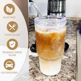 定制玻璃吸管杯耐高温推片盖喝水杯果汁杯ins冰咖啡杯玻璃杯