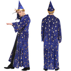 ハロウィーンブルー星月マジック魔法使い呪術師ローブ帽子衣装星月呪術師COS衣装