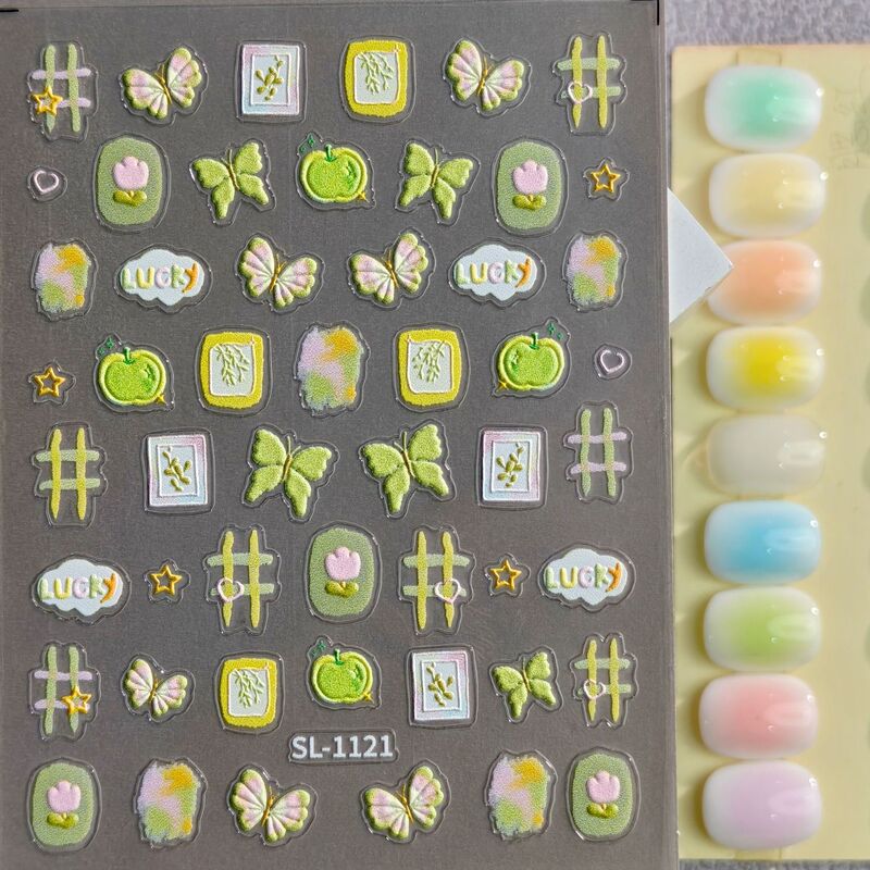 Ins Spring Green Butterfly Nail Art Embossed Stickers Fresh Tulip Plaid 3D Nail Stickers Sl Style