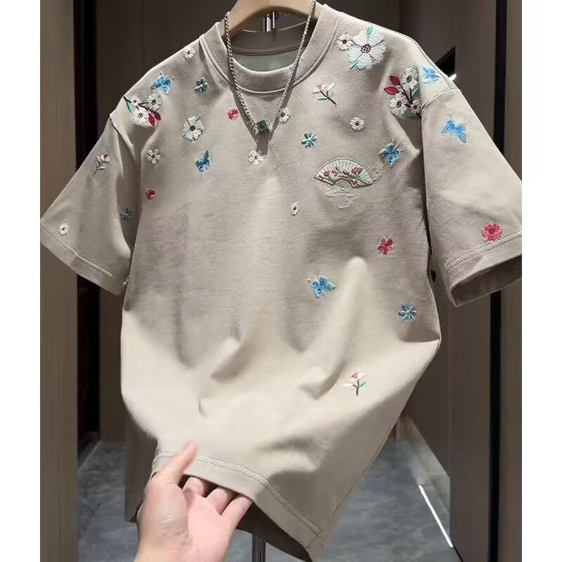 Men's Trendy Luxury Short Sleeve T-Shirt Tie Dye Crew Neck With Stylish Letter Embroidery Versatile Shoulder Design Summer Top_viptrois.com