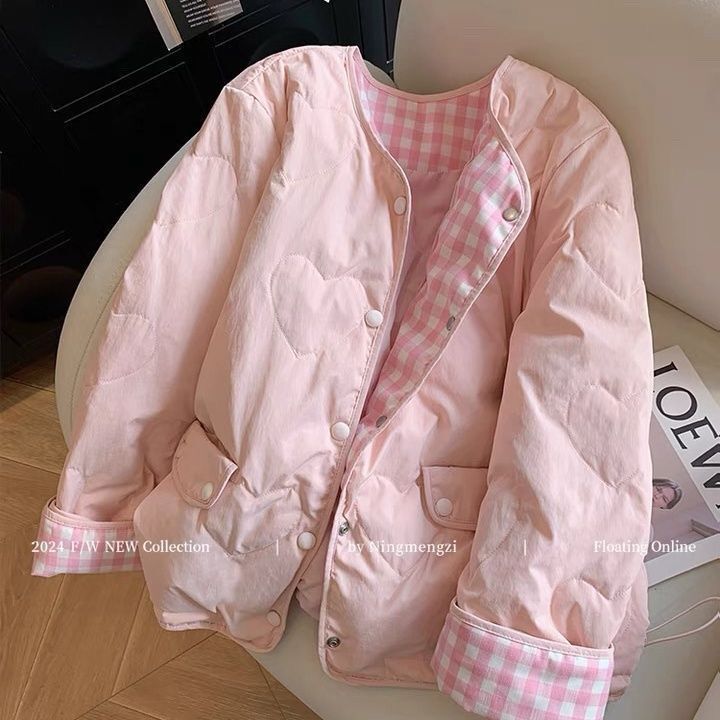 Pink Heart-Shaped Plaid Patchwork down Jacket for Women, Winter 2026 New Style, Elegant, Warm, Sweet, Age-Reducing, White Duck down Coat