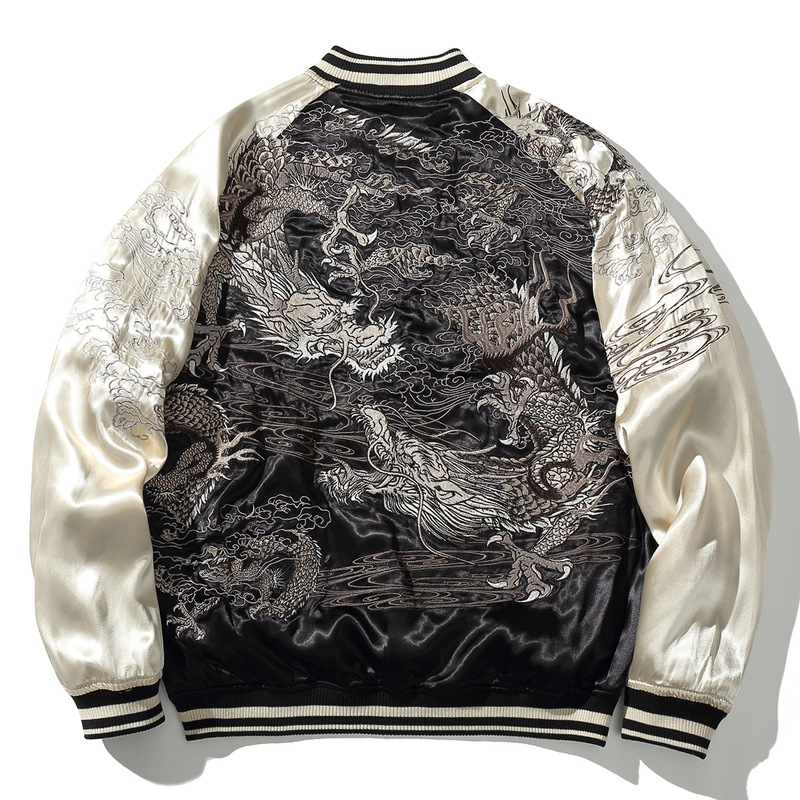 Huaxia Junpin Chinese Style National Trend Jacket Casual Satin Embroidered Double Dragon Pearl Baseball Jacket S114