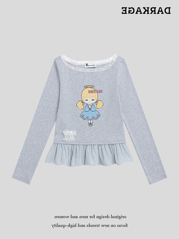 Korean Lace Splicing Anime Girl Skirt Fake Two-Piece T-Shirt Women's 2025 New Design Slim Top