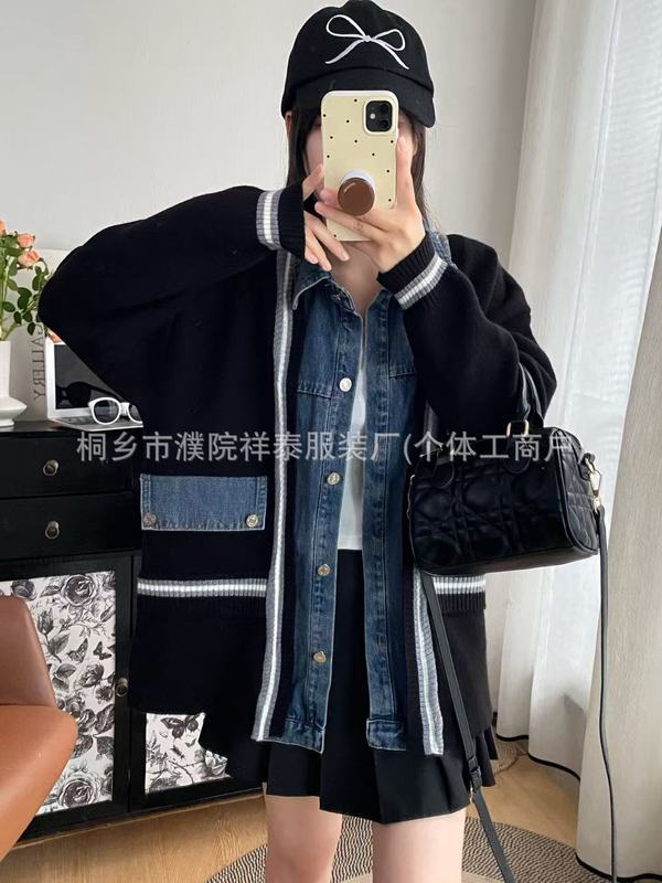 欧洲站设计感牛仔拼接毛衣开衫女2025新款秋冬季休闲宽松针织外套|undefined