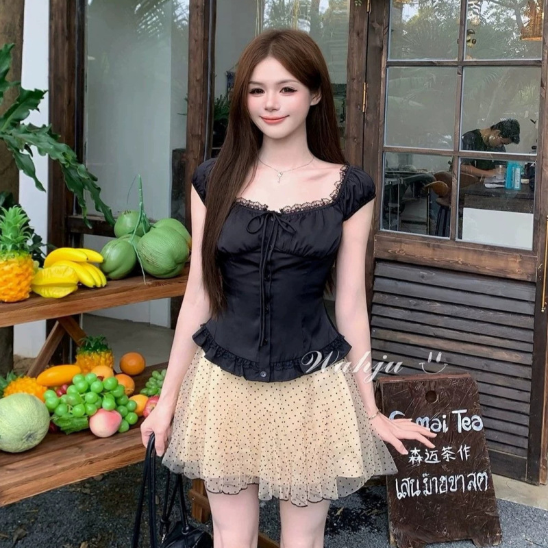 2026 Summer New Style Black Retro Lace Ruffle Patchwork One-Shoulder Shirt Pleated Waist Top for Women