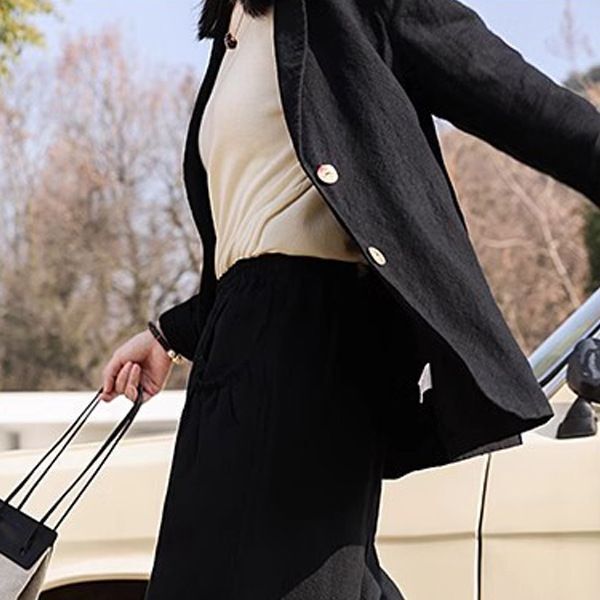 2025 Linen Solid Color Slimming Double-Layer Blazer, Linen Solid Color Soft and Slimming Casual Loose Carrot Pants
