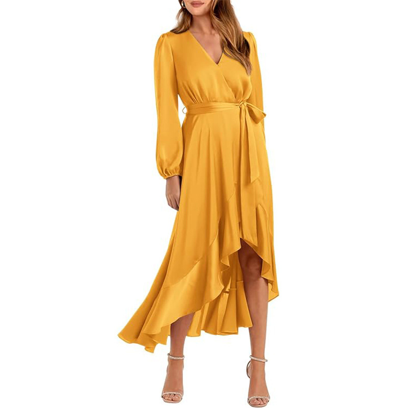 Dress Casual long sleeve satin V-neck maxi dress High Low wedding guest dress ruffle hem