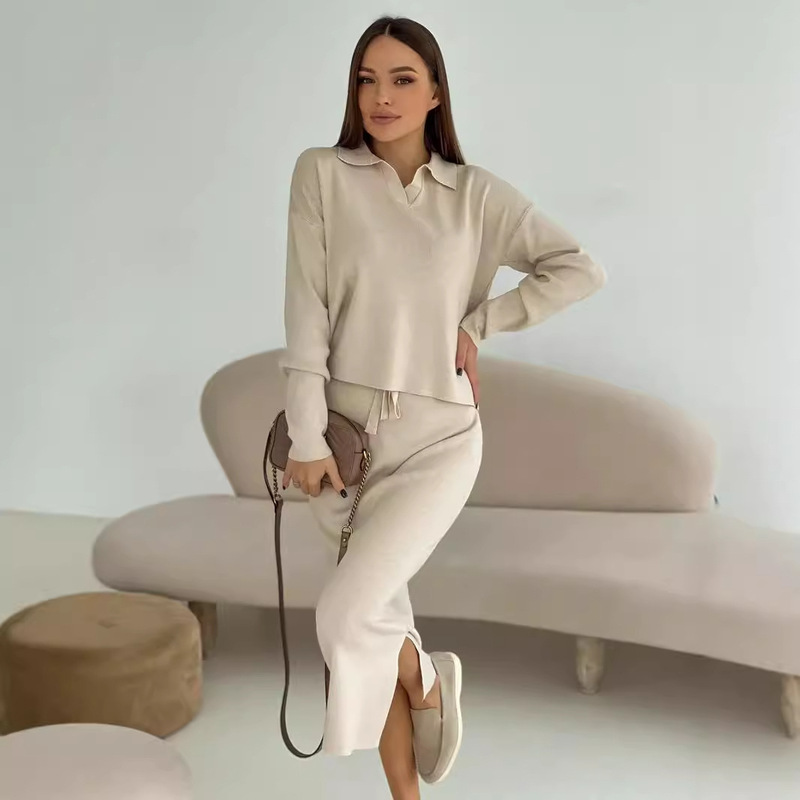 2026 Autumn/Winter New European and American Style Knitted Set for Women: Soft Core Yarn Split Sweater with Tie-Up Skirt 2026 Autumn/Winter New European and American Style Knitted Set for Women: Soft Core Yarn Split Sweater with Tie-Up Skirt