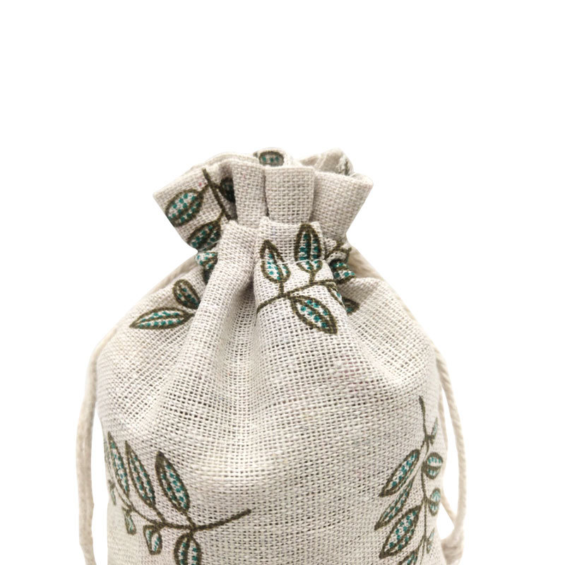 批發束口棉麻袋綠葉印花棉布袋防塵收納乾花香料包裝袋抽繩禮品袋