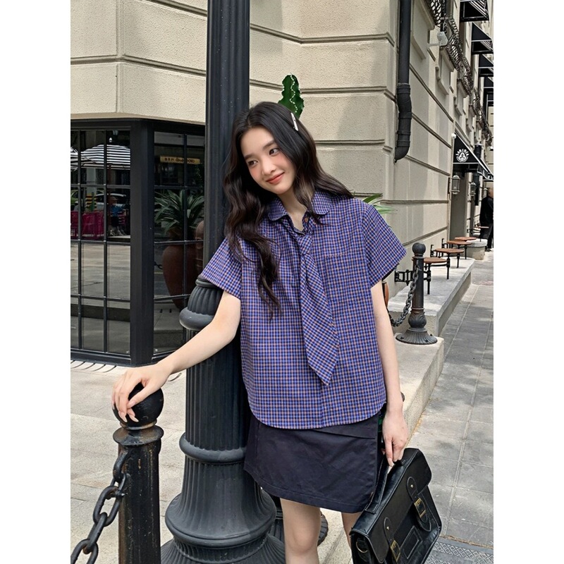 French-Style Plaid Tie Short-Sleeve Shirt for Women, Summer French Unique and Exquisite Collared Casual Youthful Top