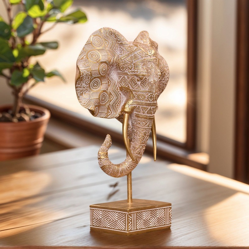 北欧スタイルの幸運の工芸品ゴールデン象の頭樹脂装飾品クリエイティブホームリビングルーム玄関縁起の良い装飾|undefined