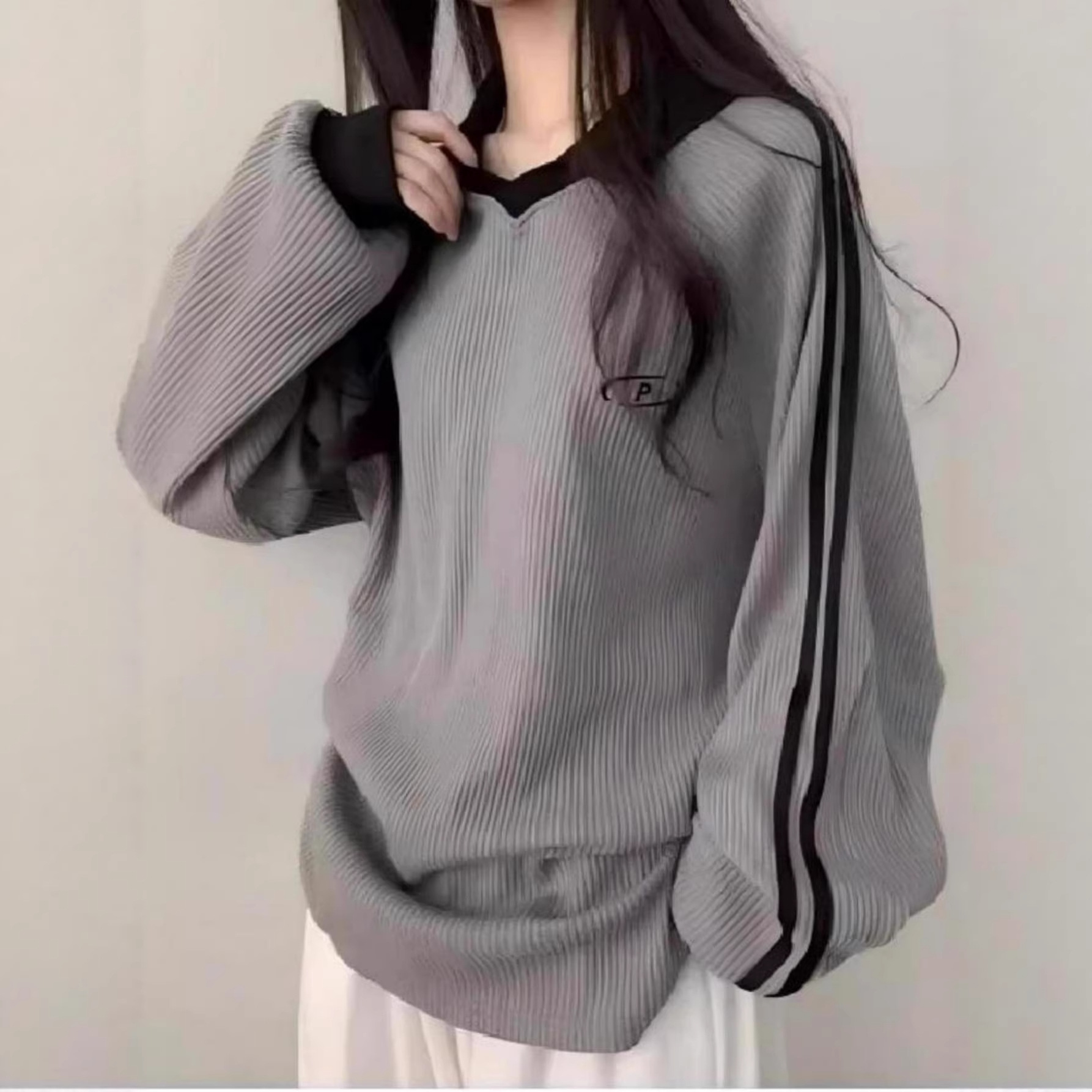 【韩系港风】高级感时尚撞色POLO领上衣秋假两件长袖简约百搭T恤