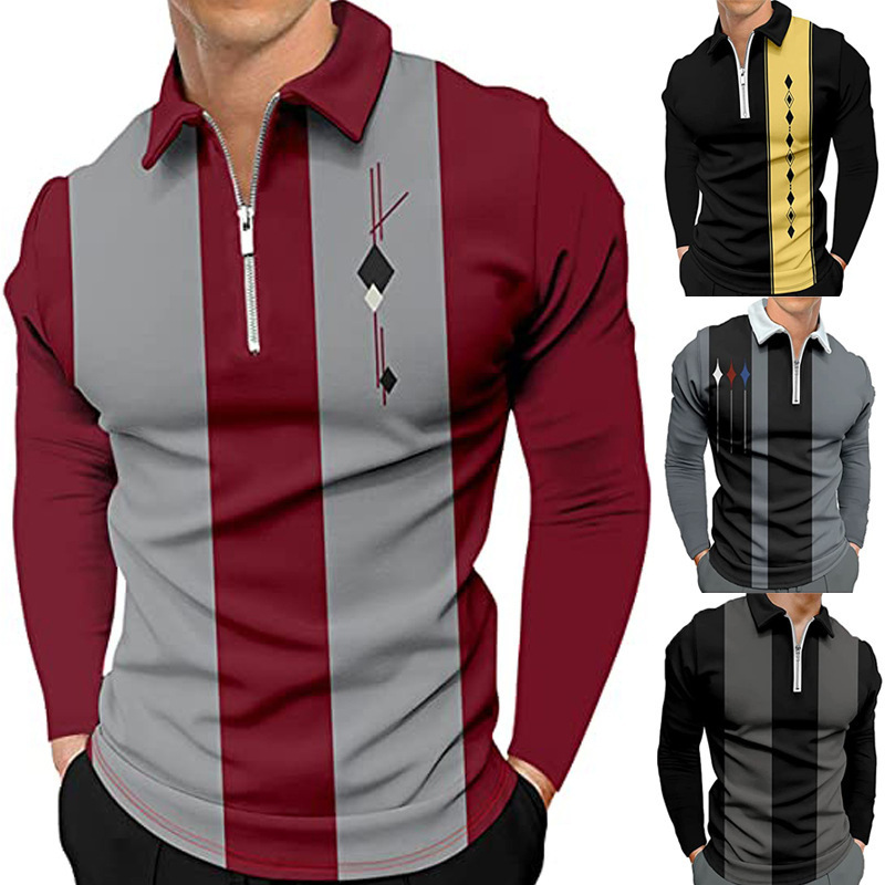 Cross-border European and American Amazon Men's Long Sleeve Lel T-shirt Casual Zipper Printed Sports Golf Polo Shirt