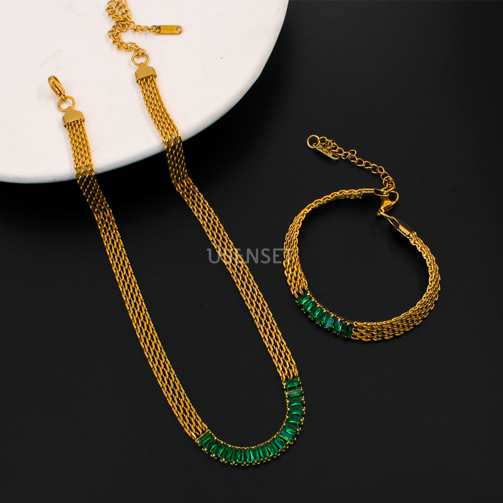 Sweet Heart Shape Stainless Steel Gold Plated Zircon Bracelets Necklace 1 Piece