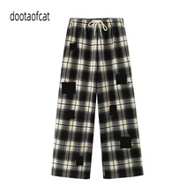 2025冬季新款女装涂鸦格子印花休闲裤慵懒风宽松阔腿裤子25410016
