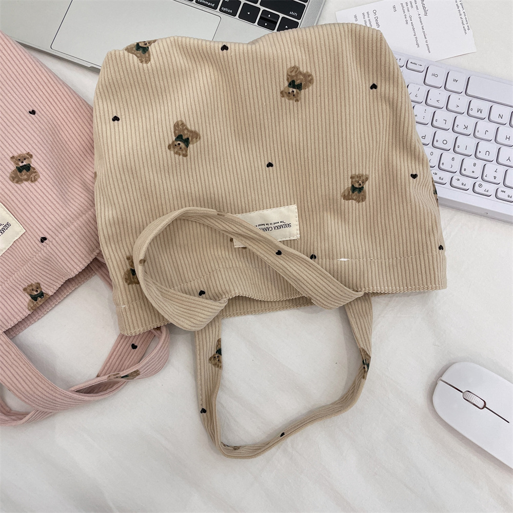 Cute Style Women's Corduroy Little Bear Cute Square Open Tote Bag