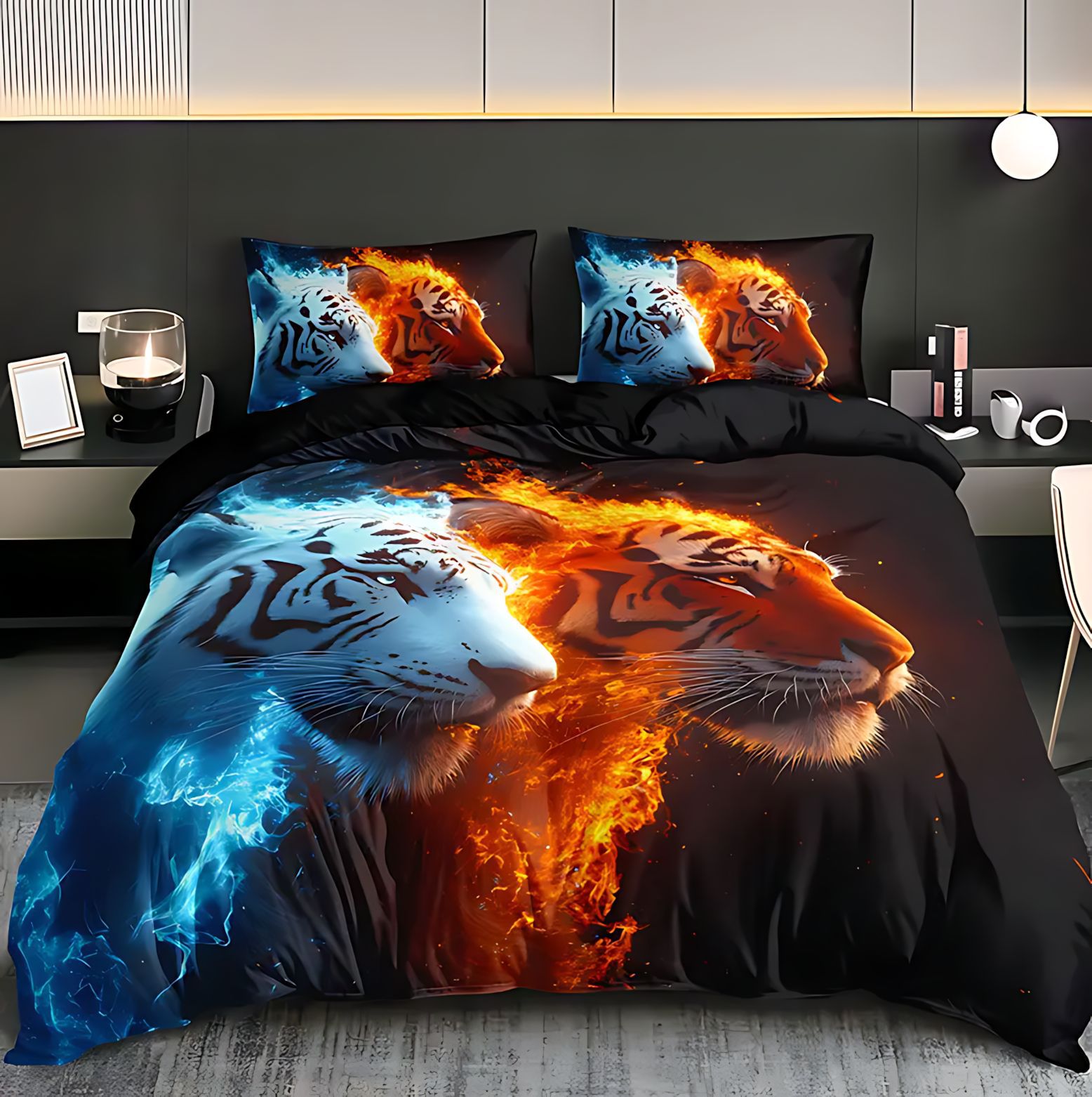 TEMU / JIT Nuevo producto transfronterizo Flame Tiger casa abrasión colcha de cama cubierta de almohada conjunto de ropa de cama para diseñar