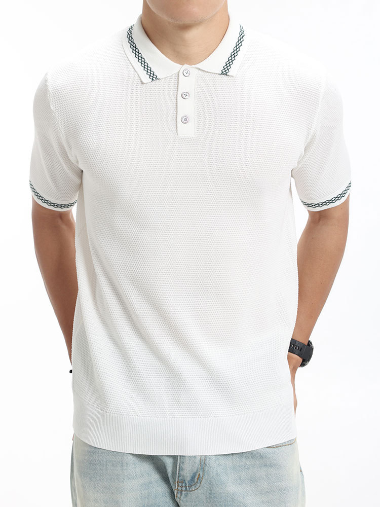 Hombres nuevo patrón de piña hielo jersey polo de punto de manga corta botón de solapa hombre sensación de alto grado de ropa casual de hombre verano