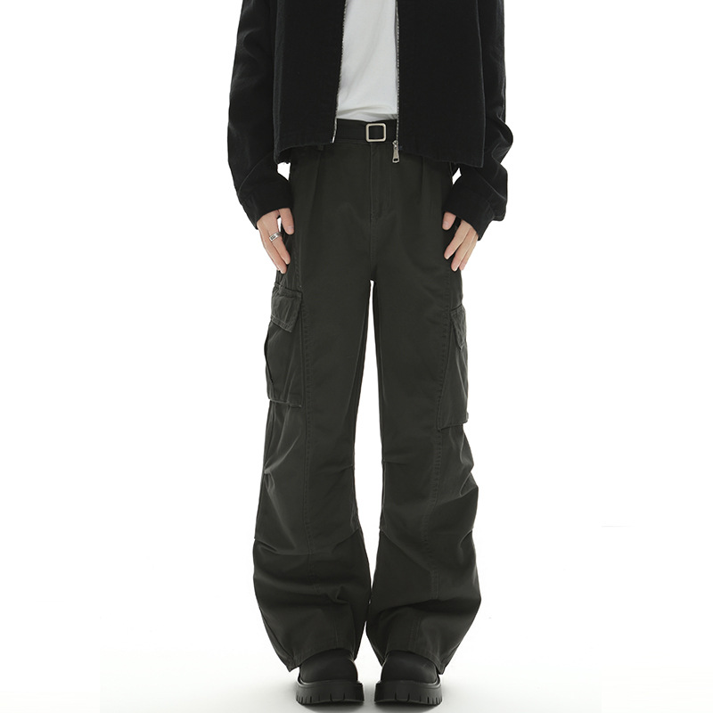 LKTM Men's# American Retro Multi-Pocket Deconstruction Split Pleated Crowdline Pants Men's Loose Straight Casual Long Pants