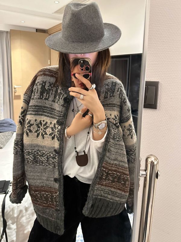 秋季上新费尔岛提花开衫毛衣女复古宽松慵懒风百搭外套针织上衣|undefined