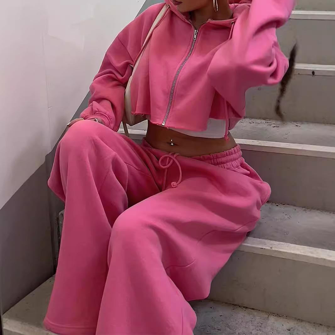 Women's Clothing autumn women's casual hooded front zipper sweater wide leg loose trousers suit_voghion.com