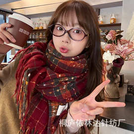 圣诞氛围感围巾秋冬女冬季保暖围脖百搭格子围巾轻奢高级感情侣款