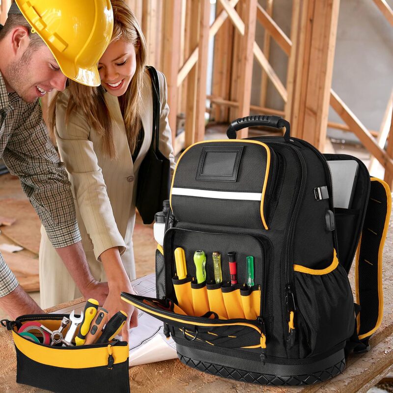 Tool Backpack, with Hard Bottom and Tool Pockets, Heavy-Duty Tool Bag, with Multiple Pockets and Laptop Sleeve