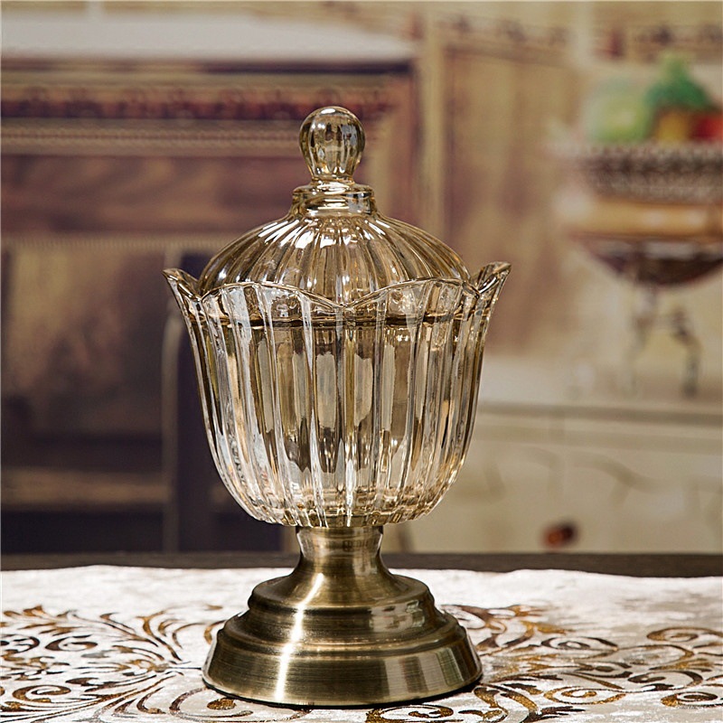 Taza de vidrio de cristal europea de azúcar, lata de almacenamiento de dulces, lata de bocadillos doméstica con cubierta, decoración del hogar estadounidense