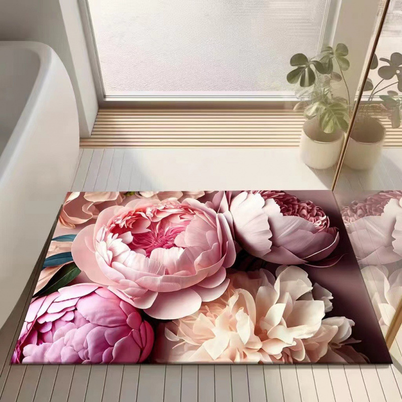 3D bloemenmotief met diatomeeënaarde, moderne, lichte, luxe badkamermat, waterabsorberend, sneldrogend, antislip en wasbaar._voghion.com