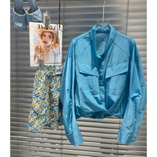 夏季2023新款女休闲小众气质短款冲锋衣小个子薄款蓝色防晒衣外套