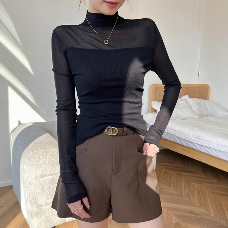 Women's Long-Sleeved T-Shirt 2024 New Spring & Fall Half Turtleneck Mesh Splicing Inner Elastic Tight Black Top Women's Long-Sleeved T-Shirt 2024 New Spring & Fall Half Turtleneck Mesh Splicing Inner Elastic Tight Black Top