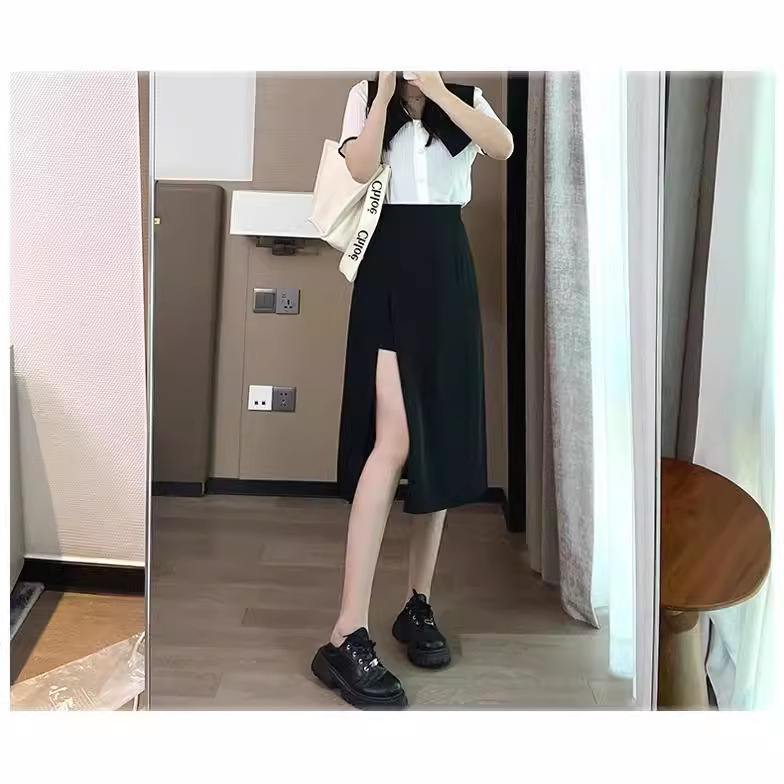 Irregular slimming temperament midi skirt 2023 new summer black high waist skirt plus size A- line skirt