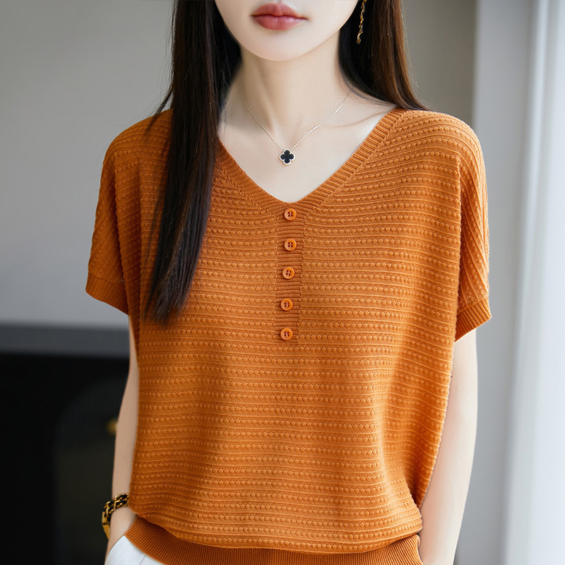 天丝莱赛尔V领针织衫短袖T恤女2025年夏季新款纯色宽松套头打底衫|undefined