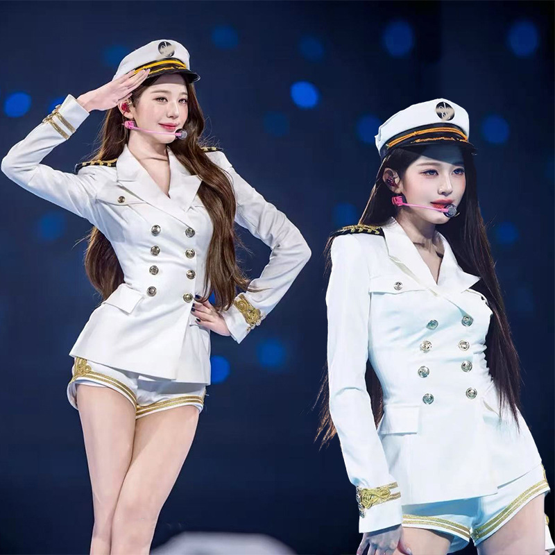 In-Stock Jang Won-Young Style White Women's Sailor Uniform, Waist-Cinching Slim-Fit Double-Breasted Blazer and Shorts Set