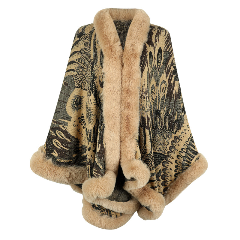 Women's thickened thermal shawl with peacock flower knitted cape_voghion.com