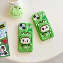 适用iphone16可爱卡通3D立体拉布布绿色青蛙带伸缩支架硅胶手机壳