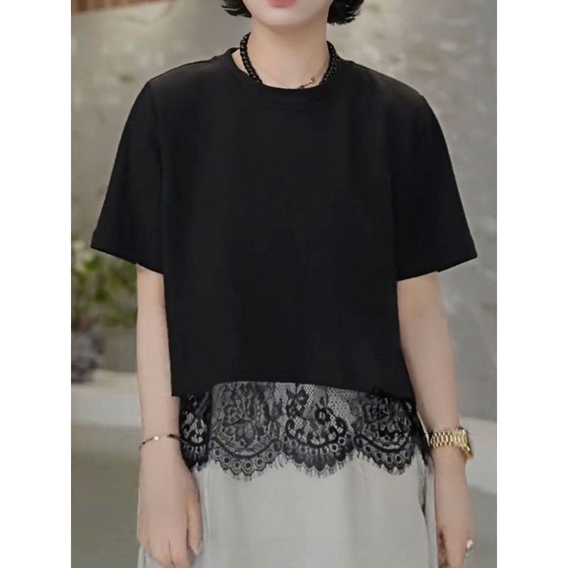 Plus-Size Designer Lace Patchwork Short-Sleeve T-Shirt for Women, New Summer Style, Loose Fit, Slimming, Versatile, Fashionable Top Plus-Size Designer Lace Patchwork Short-Sleeve T-Shirt for Women, New Summer Style, Loose Fit, Slimming, Versatile, Fashionable Top