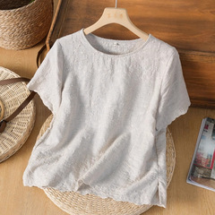 3698 文学レトロ重工業刺繍綿とリネン半袖 T シャツ女性の夏のユニークでシックで美しい年齢を軽減するルーズトップ