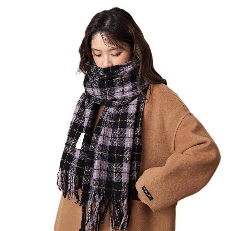 Geruite sjaal dames 2024 nieuwe violette warme sjaal, herfst wintersfeer, hoogwaardig en veelzijdig_voghion.com