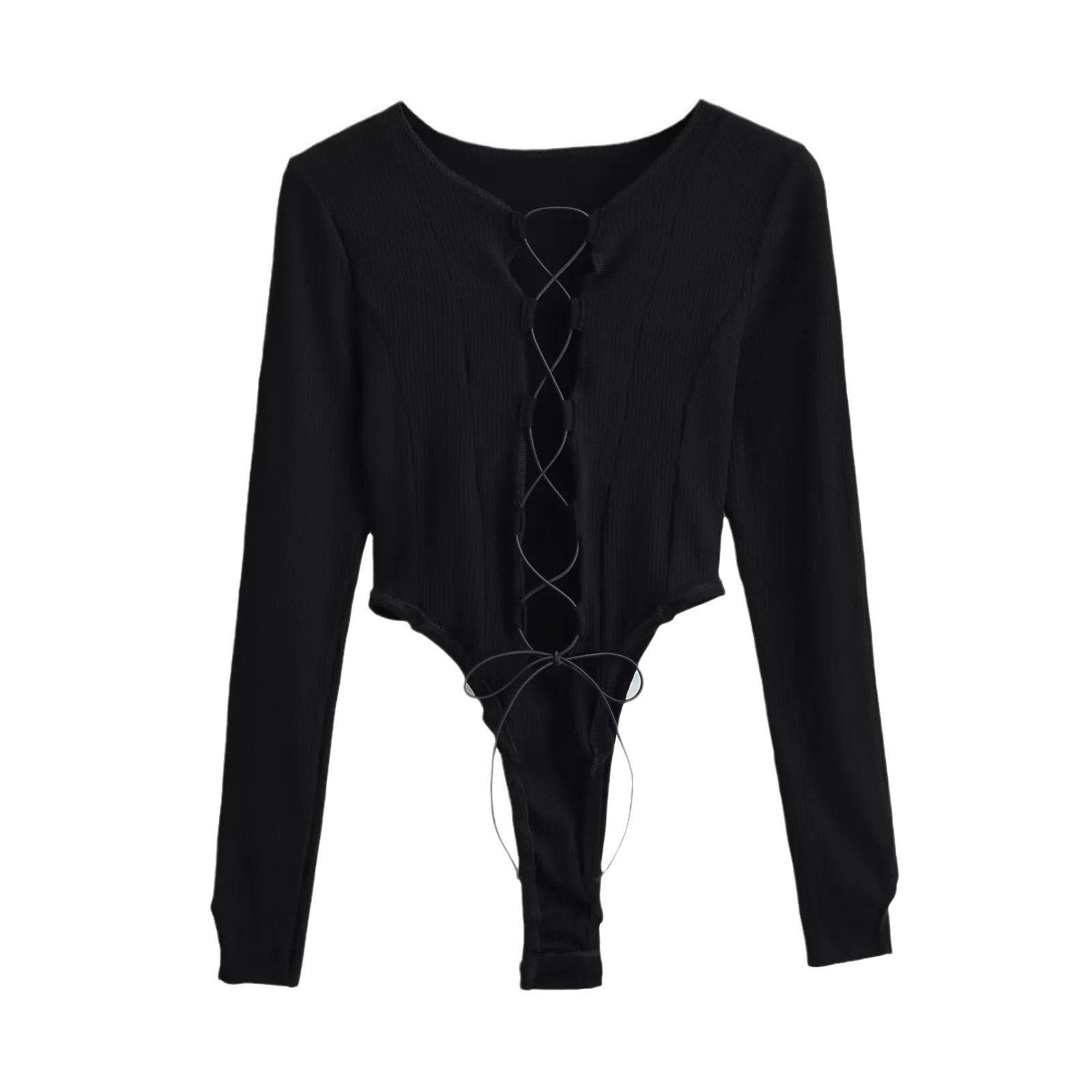 Estilo europeo y americano ins chica caliente sexy nuevo hueco Cruz encaje-arriba manga larga mono mujer Slim bottoming camiseta top image 7