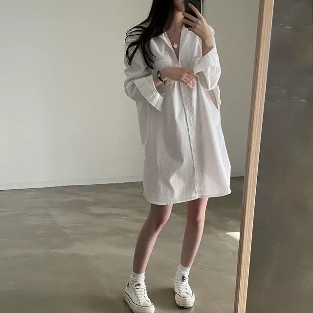 Женское платье-рубашка в корейском стиле, простое и элегантное, с лацканами, весна-осень 2025, новая французская свободная модель