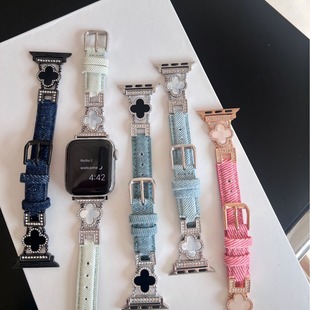 Suitable for Applewatch9876 Four-Leaf Clover Denim Leather Strap 10Se Denim Leather Apple Watch Strap