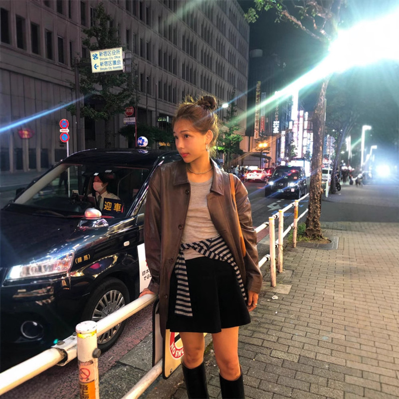 In stock the barn * et autumn leather coat for women brown motorcycle jacket top fashion leather jacket