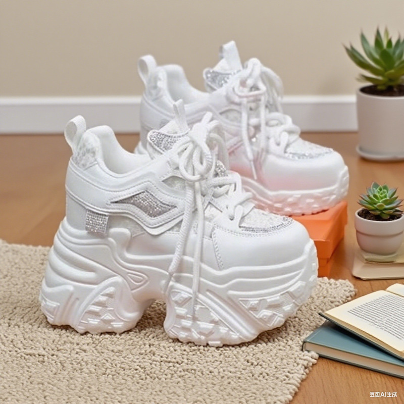 Thick-Soled Dad Shoes for Women, 2026 Spring New Style, Rhinestone Fashion, Height-Increasing Women's Shoes, Versatile Sports Casual Shoes