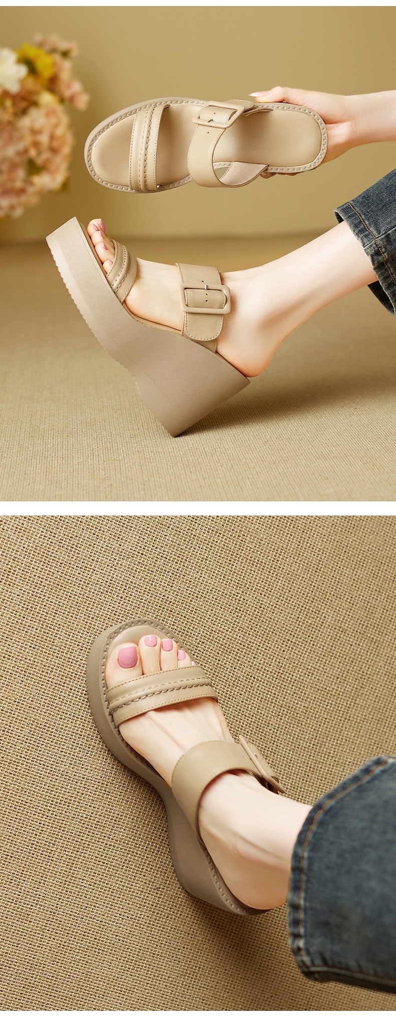 Sandal cao gót nữ hở mũi đế xuồng da bò quai một chữ thắt nút — màu trắng ngà chi tiết 8