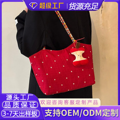 韩系红色花朵帆布包女2025新款撞色编织单肩托特包通勤手提购物袋