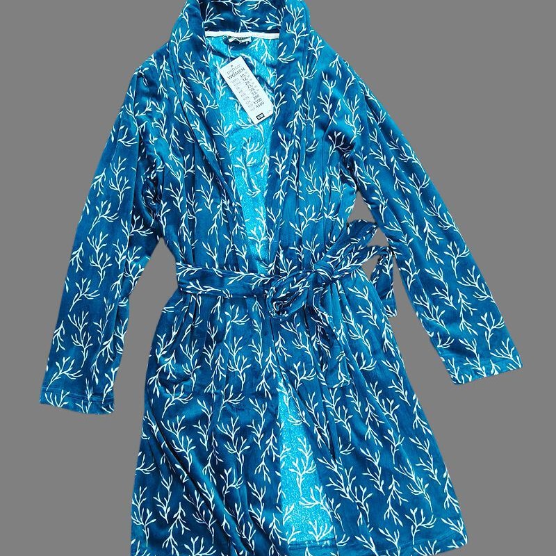 Foreign Trade European and American Surplus Stock Pepco* Stretchy Fleece Robe with Printed Pattern and Tie, Women's Thin Bathrobe, Home Wear