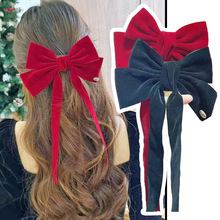 新年红丝绒飘带蝴蝶结发夹女气质后脑勺盘发鸭嘴夹秋冬抓夹子头饰