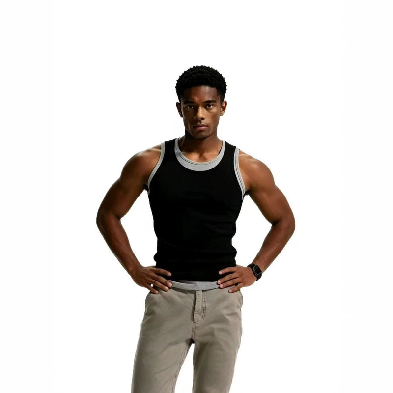 Cross-Border Wholesale Fake Two-Piece Basic Solid Color Regular Shoulder Round Neck Tank Top for Men, Fitted Version, Elastic Ribbed Short Sleeve Base Layer Cross-Border Wholesale Fake Two-Piece Basic Solid Color Regular Shoulder Round Neck Tank Top for Men, Fitted Version, Elastic Ribbed Short Sleeve Base Layer