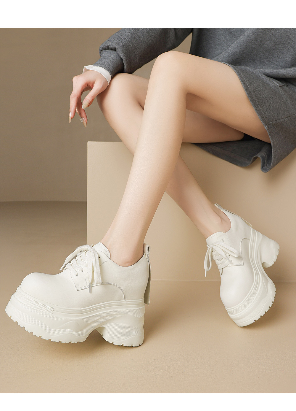 Giày sneaker nữ chunky đế dày phối màu mùa thu 2025, da bò thật, tăng chiều cao 12cm, buộc dây — Màu đen, Màu xám trắng, Màu trắng chi tiết 11